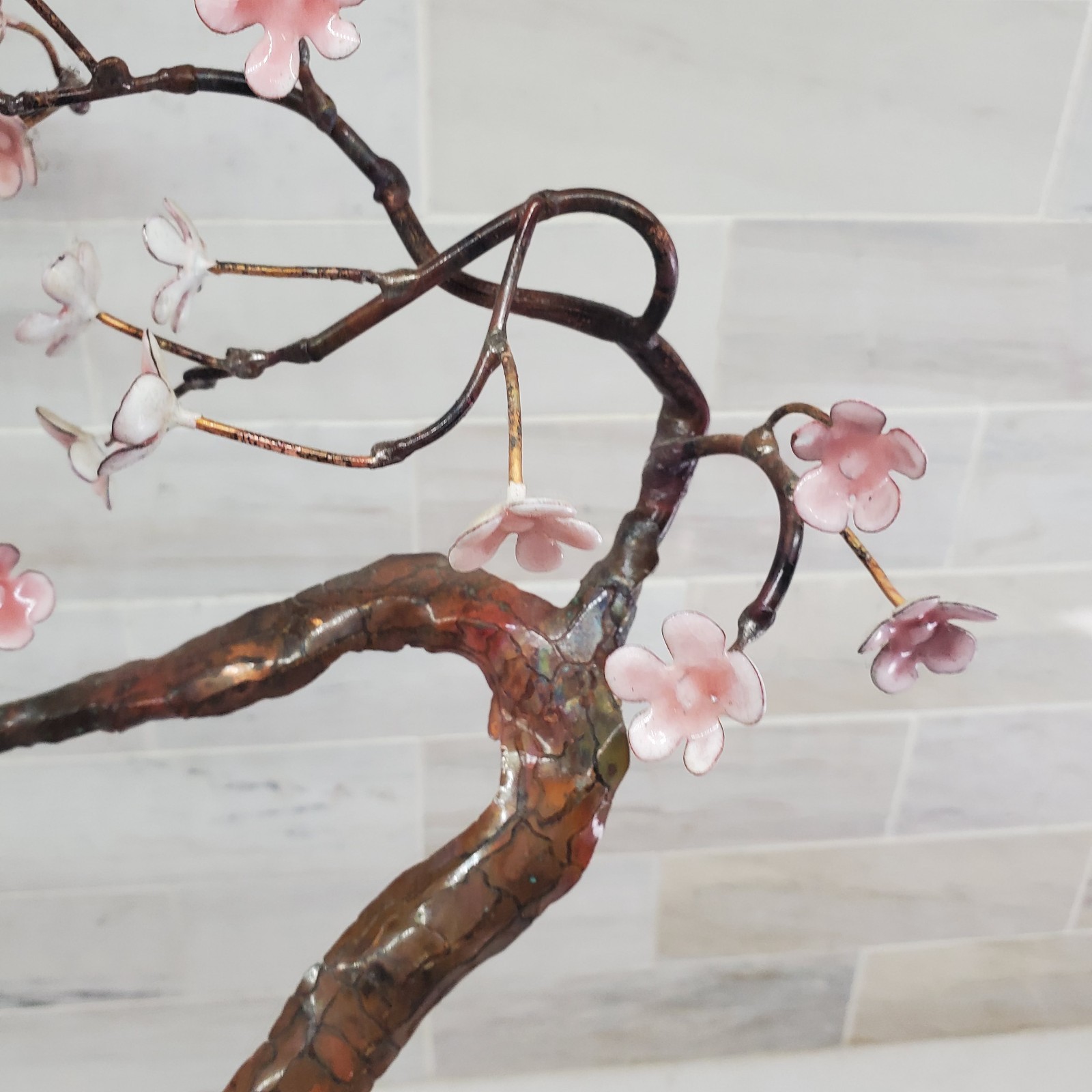 Bovano of Cheshire Blooming Bonsai Metal Tree Sculpture Pink White Flowers