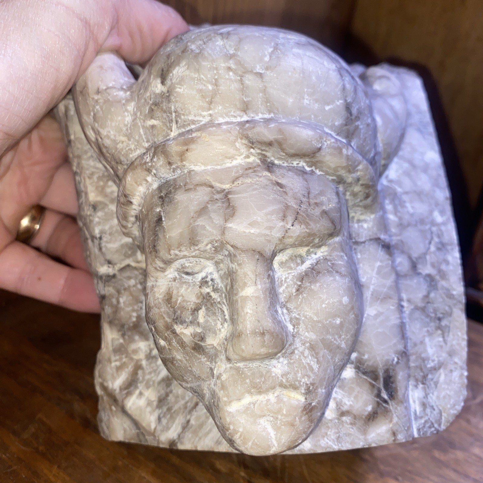 vintage stone carving head horns, alabaster carving viking 5.11lbs 6.5”tall