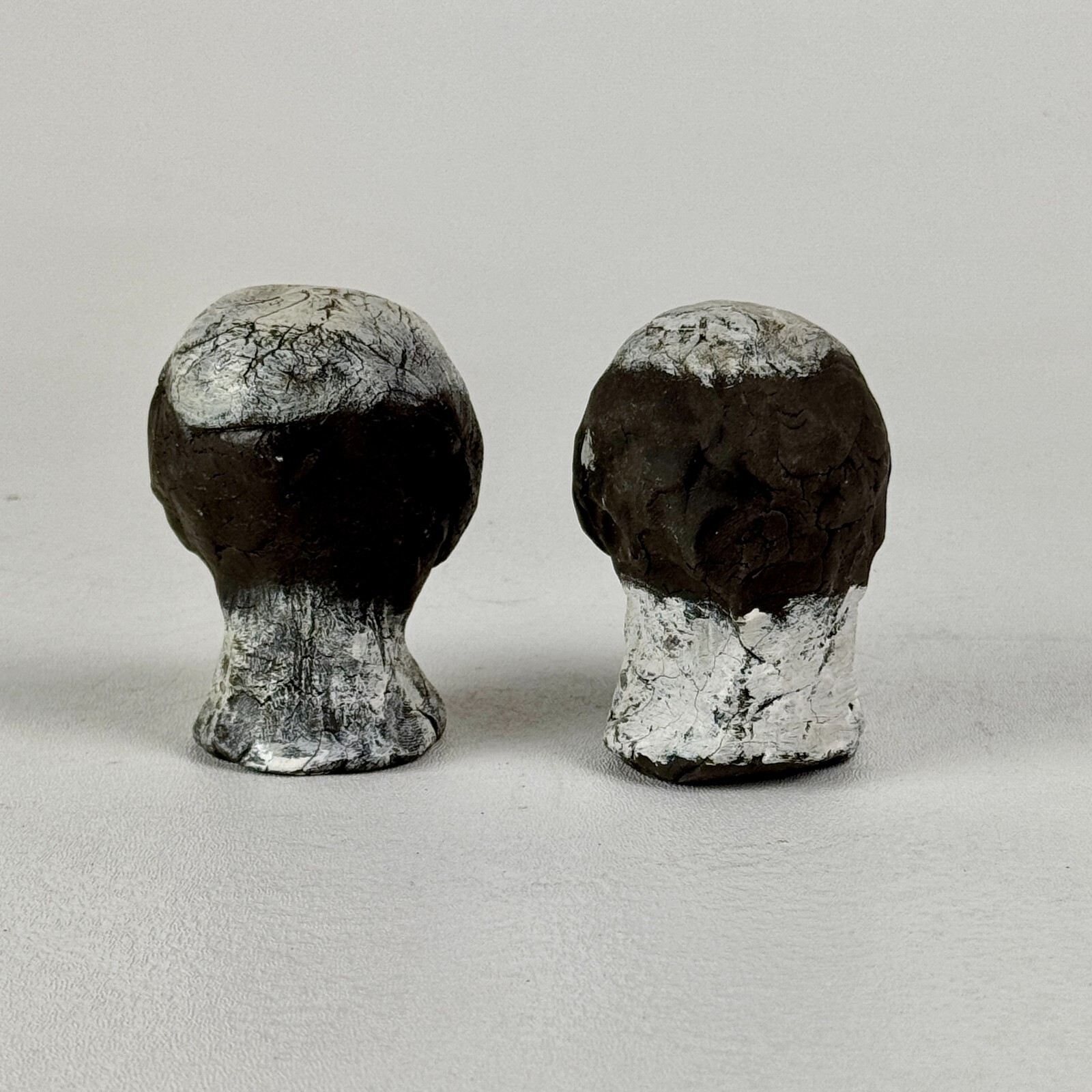 Vintage Pair Of Hand Formed Small Clay Men Head Busts In Black & White