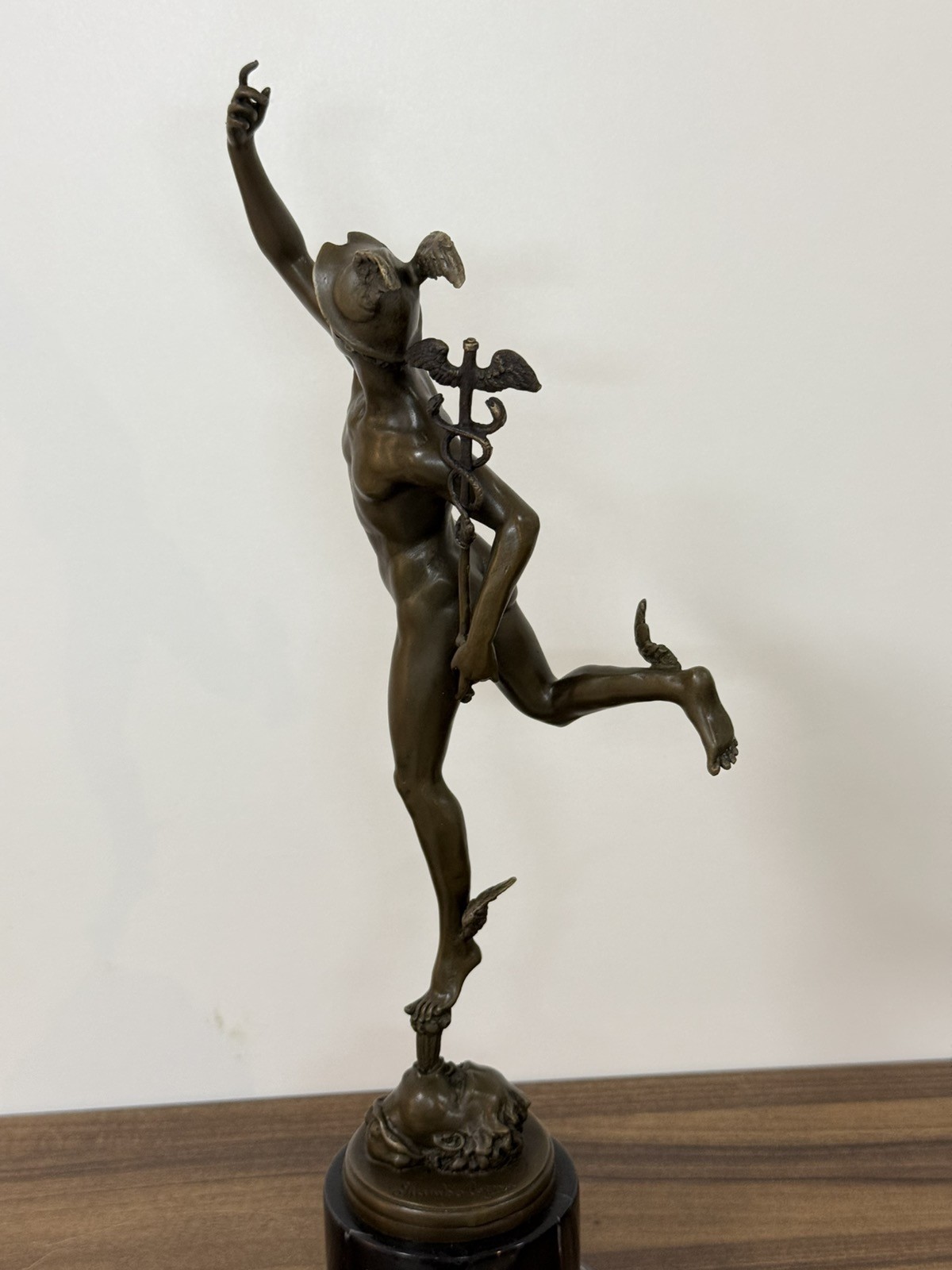 Bronze Mercury Sculpture Hermes Statue Caduceus Cupid Mythology Wings Helmet Art