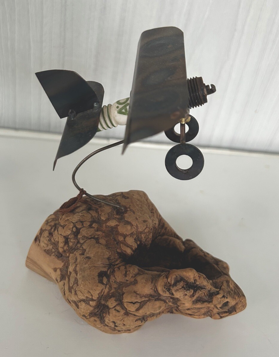 Artist Sculpture Spark Plug Original Airplane on Burl Wood by The Metal Man
