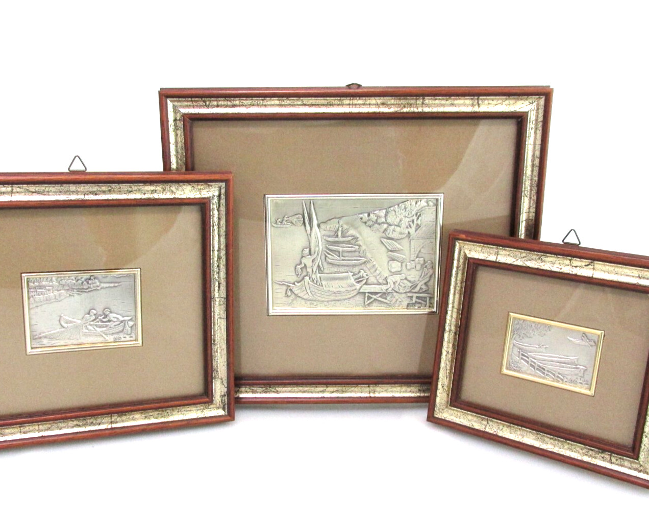 Italian Embossed Sterling Fishing Scene Village Signed DR Framed Art Trio MCM