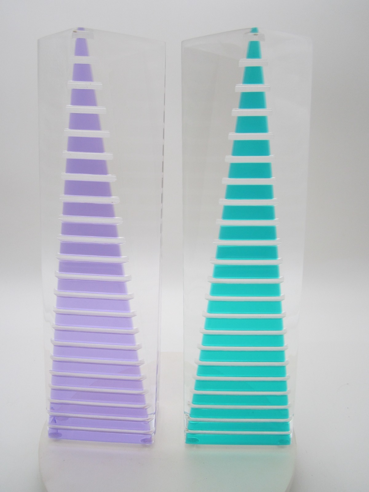 PAIR OF SIGNED 1993 Shlomi Haziza Acrylic TOWER Sculptures TEAL & PURPLE OP-ART