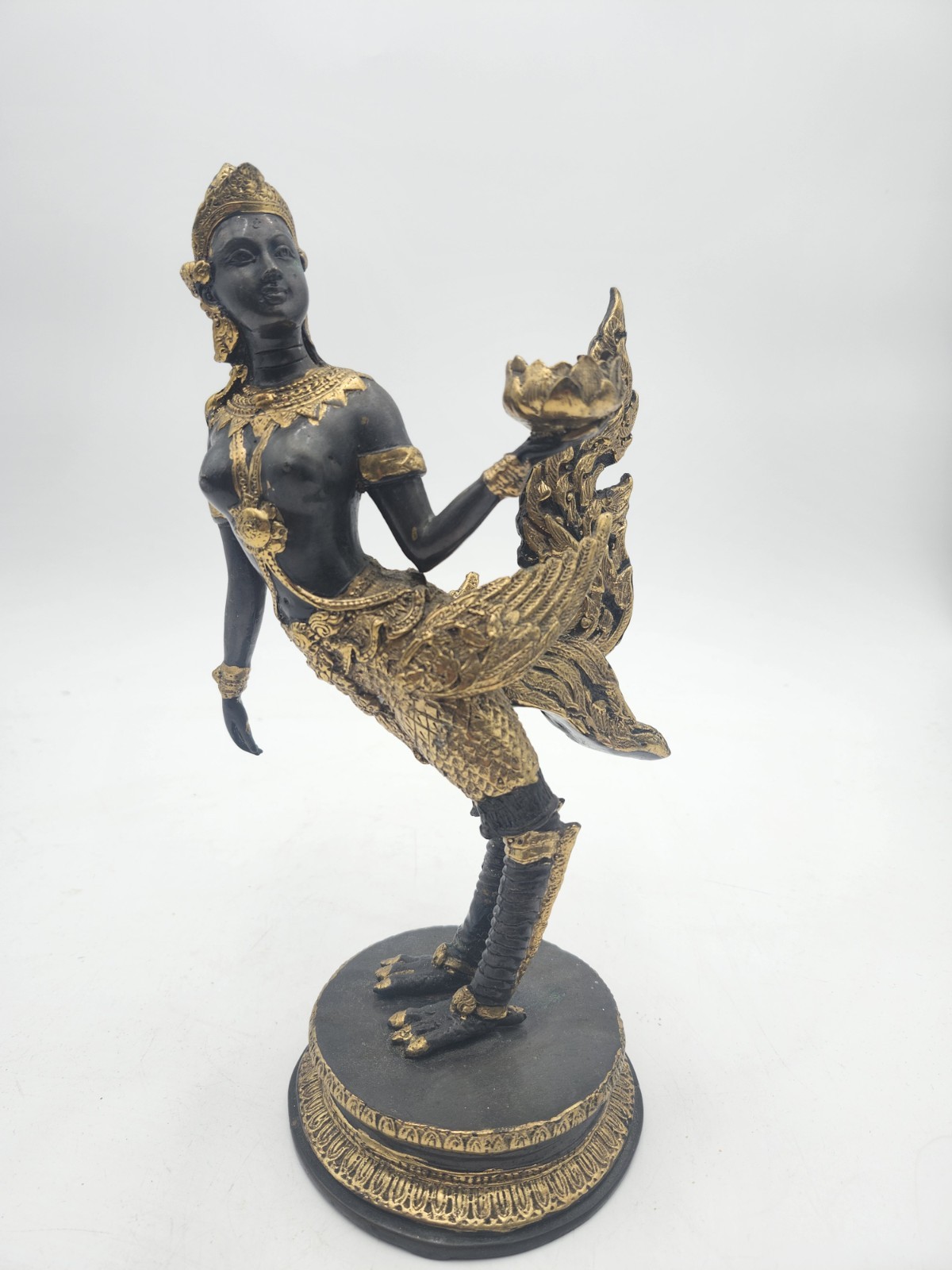 Vtg KINNAREE Thai Half Woman & Swan Lotus Bronze Gold Gilding Statue 11.5&Prime;