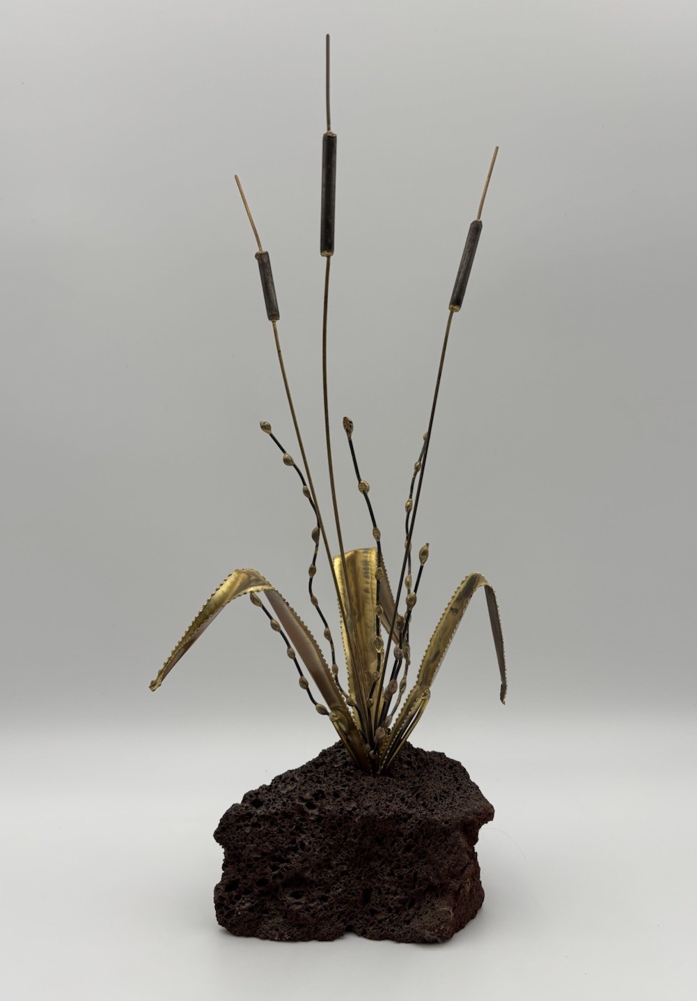 VTG MCM Brass Cattail Pussy Willow Sculpture Lava Rock Base 16&Prime; Brutalist 1960s