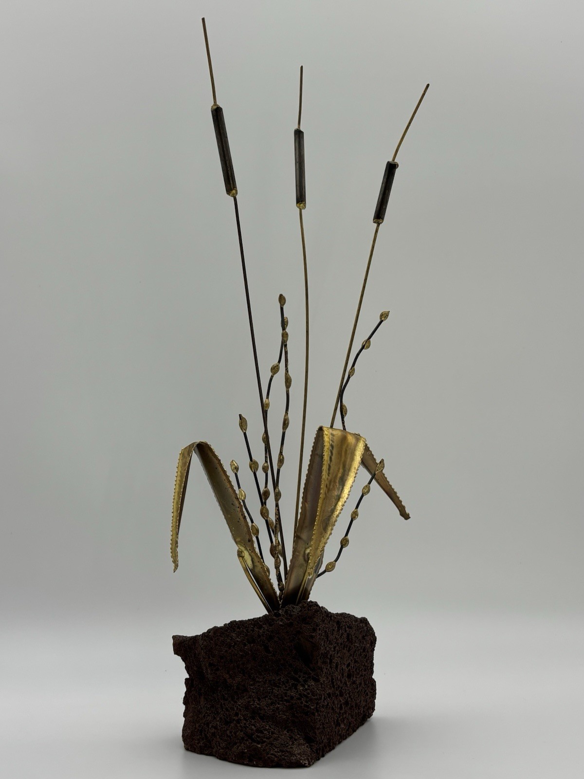 VTG MCM Brass Cattail Pussy Willow Sculpture Lava Rock Base 16&Prime; Brutalist 1960s