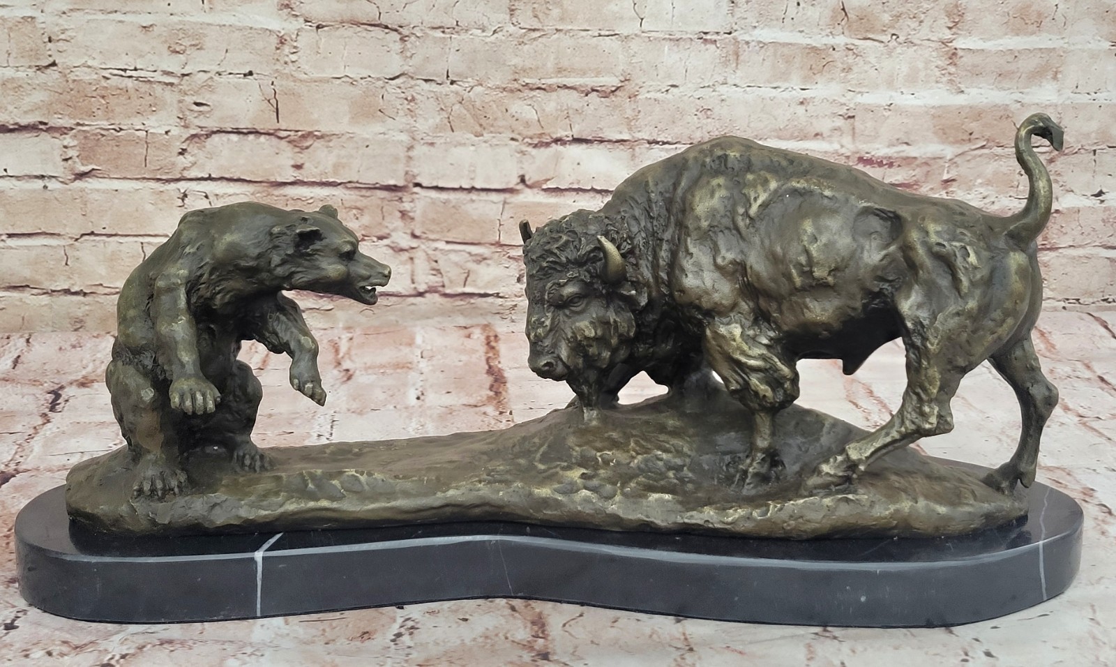 21&Prime; Classical Bronze Marble Statue American Buffalo Bison Bear Sculpture Figure