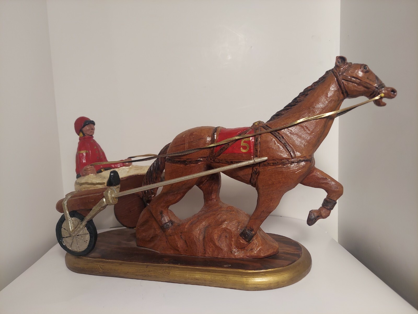 Jockey And Horse Racing Cart Hand Carved Vintage Americana Wood Sculpture