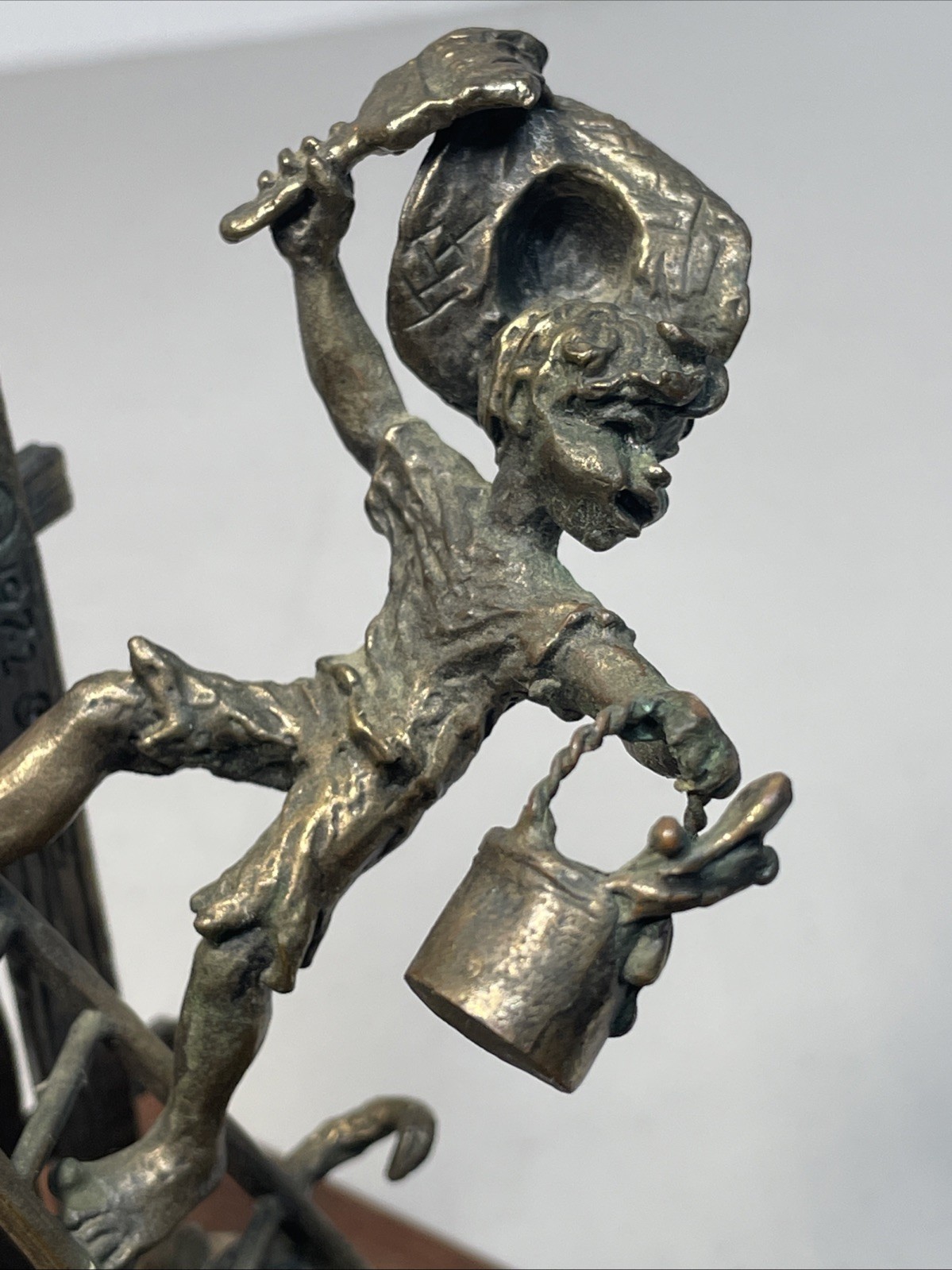 Signed ‘72 Dan Levin Bronze Metal Sculpture Boy Ladder Painting Fence Dog Rabbit