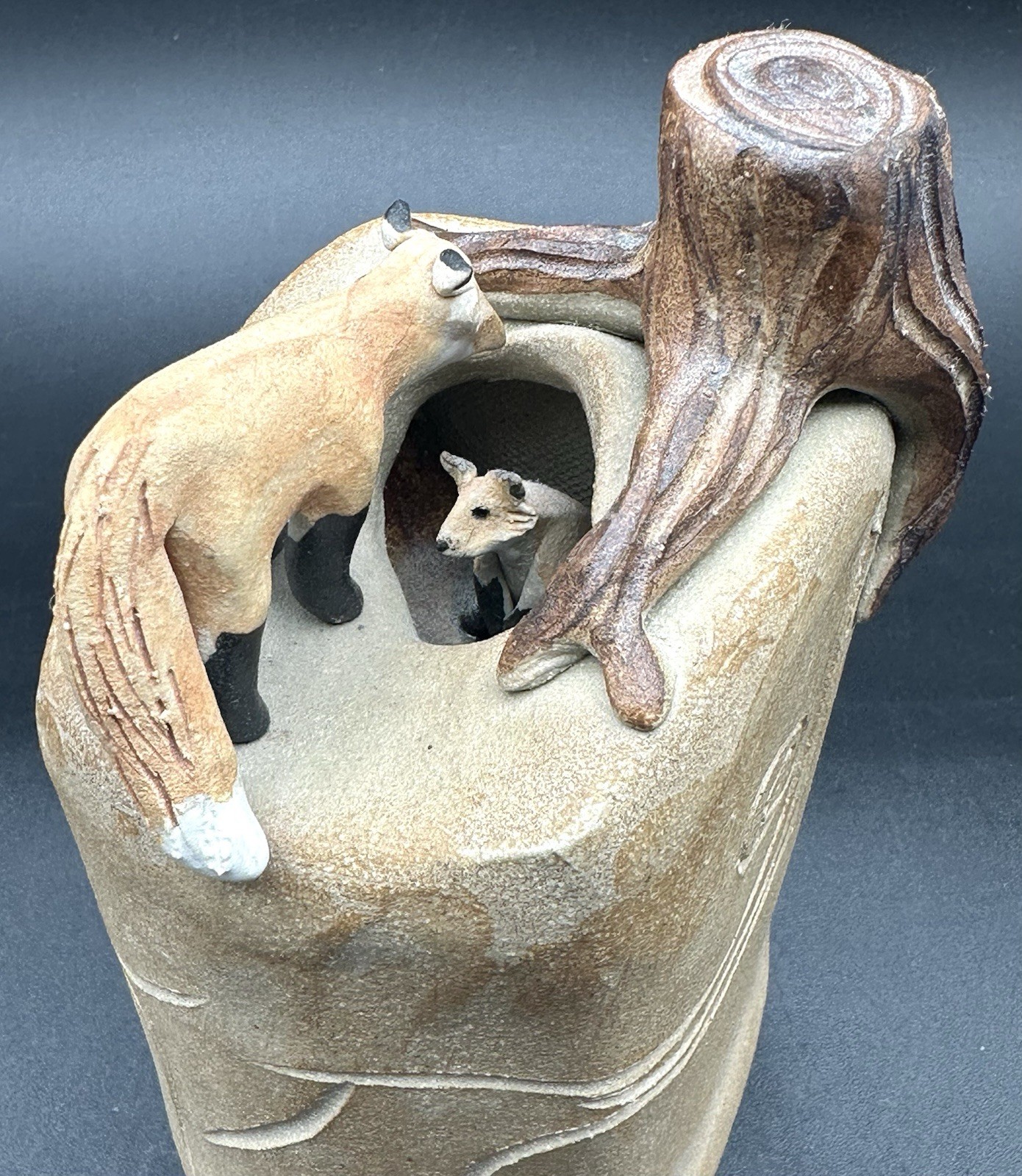 Dan and Lee Ross Studio Pottery Sculpture Fox Den Burrow Tree Stump MN Artists