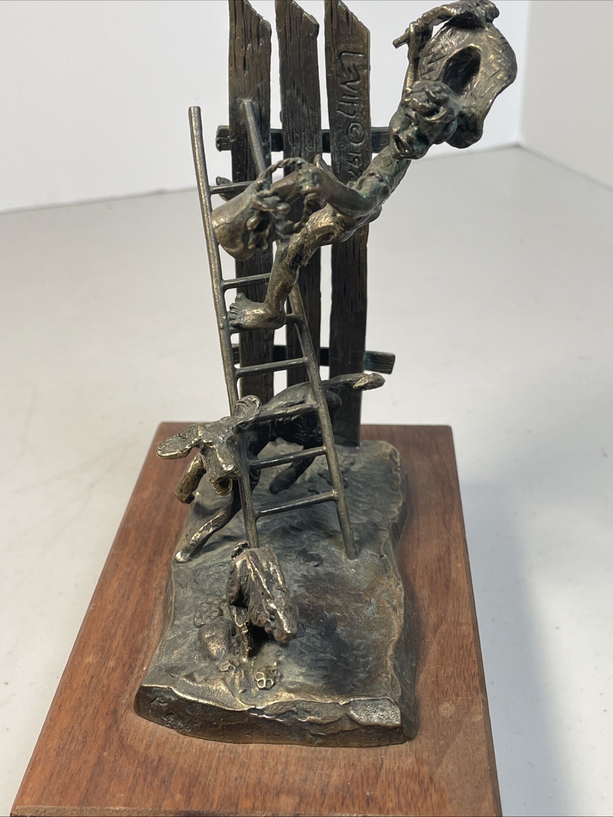 Signed ‘72 Dan Levin Bronze Metal Sculpture Boy Ladder Painting Fence Dog Rabbit