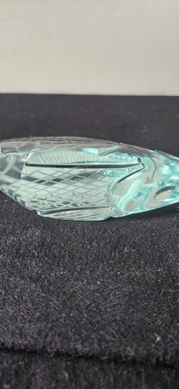 Carved Crystal Art Glass Fish Light Mint 3.75 X 7 Inches 1.75 Wide. Criss-cross