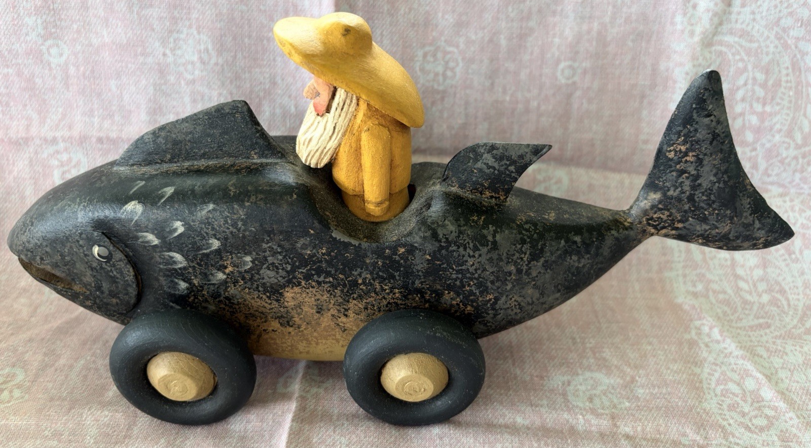 Hand Carved Bob Flory Fisherman in a Fish Race Car Folk Art Derby Rustic Painted