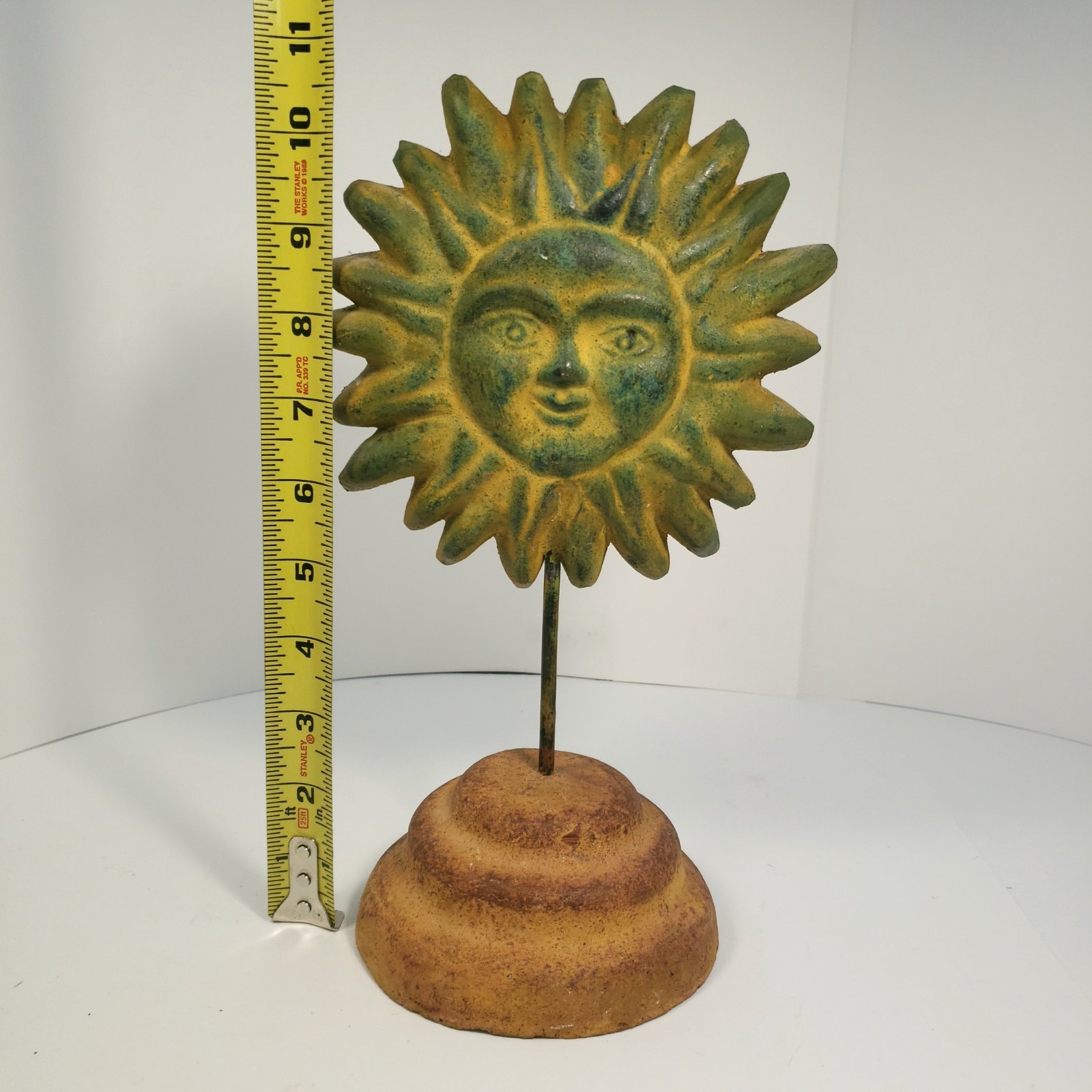 Cast Stoneware Art Sun Face and Base Folk Sculpture on Metal Post Indoor Outdoor
