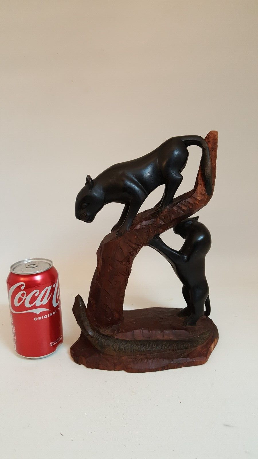 Vintage handcarved wood one piece black panther and snake sculpture signed