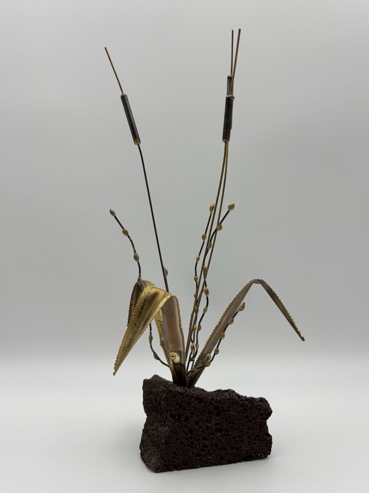 VTG MCM Brass Cattail Pussy Willow Sculpture Lava Rock Base 16&Prime; Brutalist 1960s