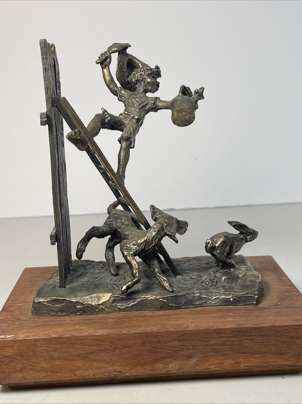 Signed ‘72 Dan Levin Bronze Metal Sculpture Boy Ladder Painting Fence Dog Rabbit
