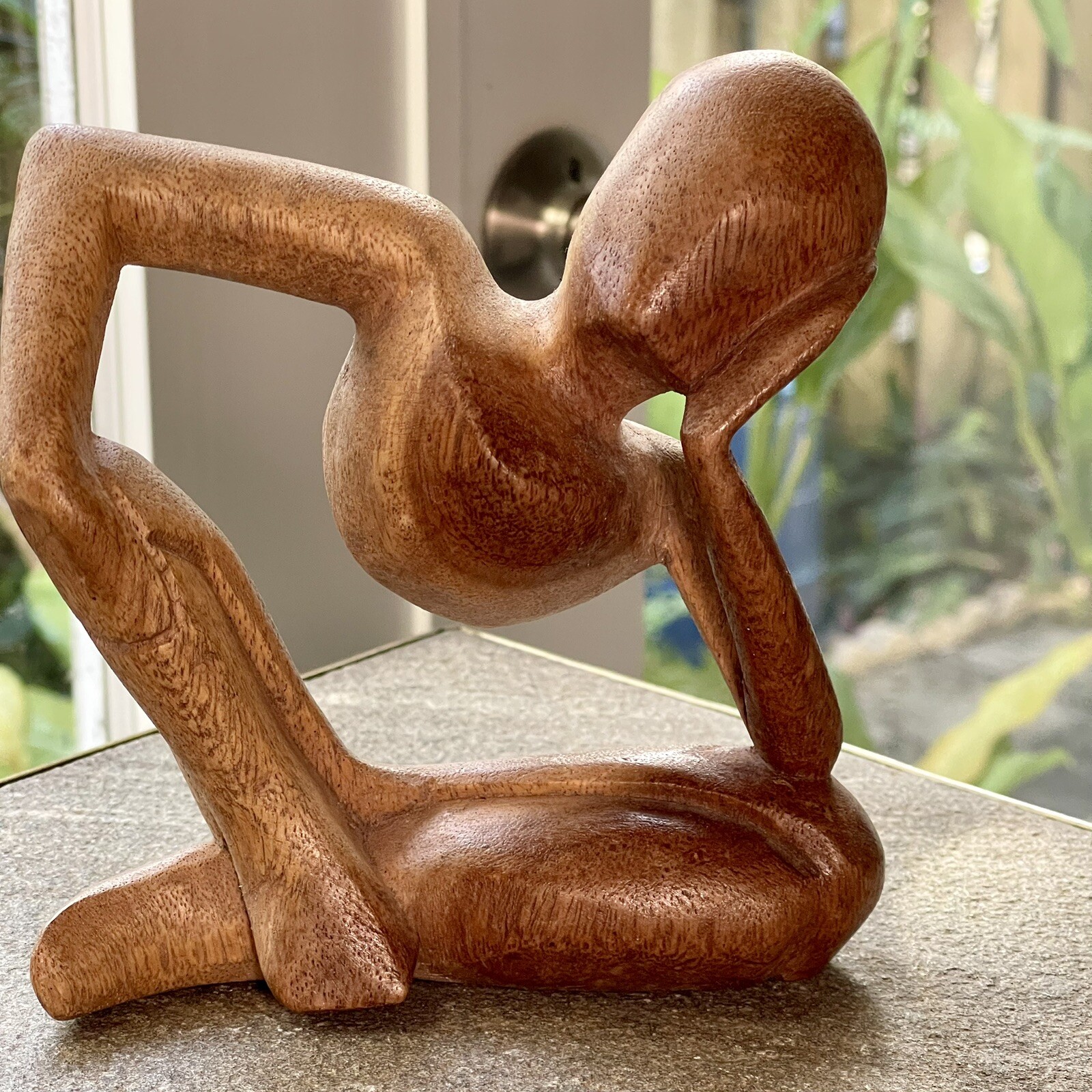 Abstract Sculpture,Suar Wood Thinking Posture Natural Wood Color