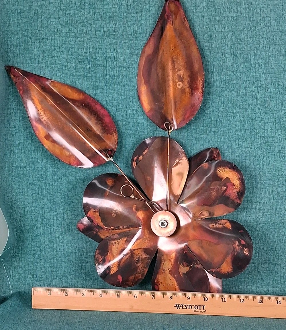 Vintage MCM Heavy Copper & Brass Wall Art Sculpture Flowers and Leaves 18&Prime;