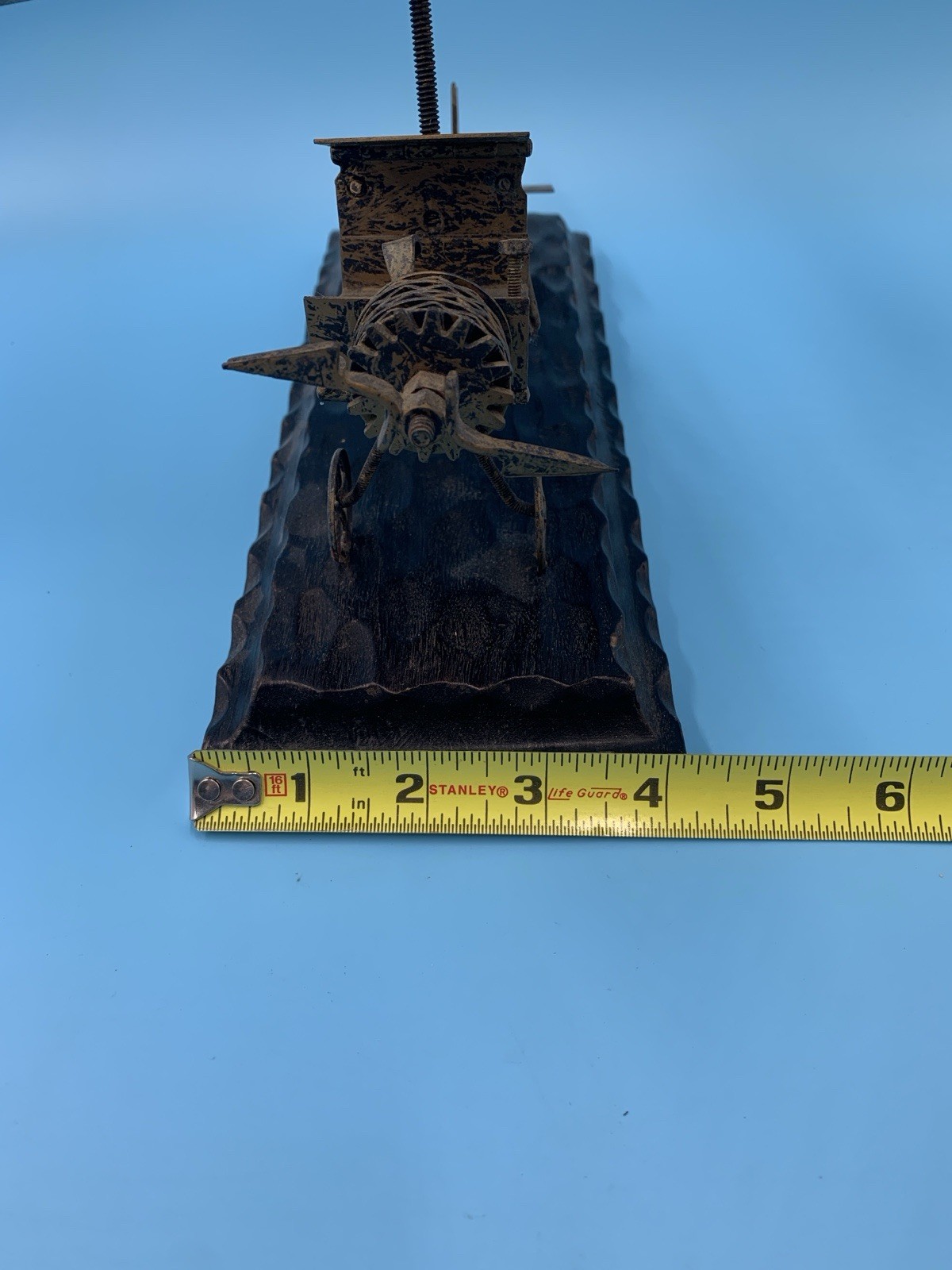 Charles Marcak Metal Art Sculpture Plane / Helicopter Blades Rustic Wooden Base