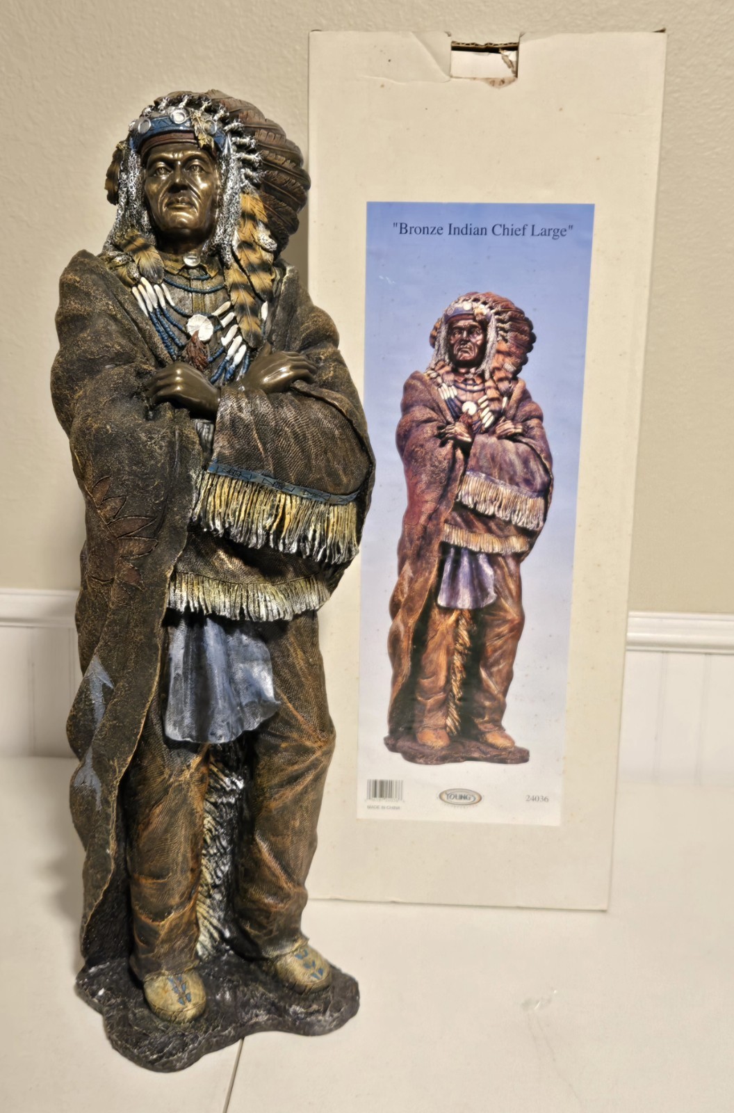 Youngs Inc Bronze-Tone Indian Chief Large 21&Prime; Statue Sculpture + Box Cigar Store