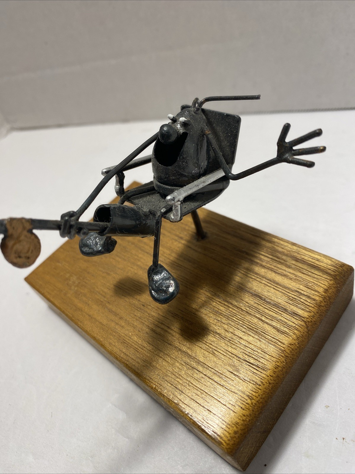 Vintage Sculpture Metal Sand Flea Sitting in Chair Fishing on Wood Block Bug-Ums