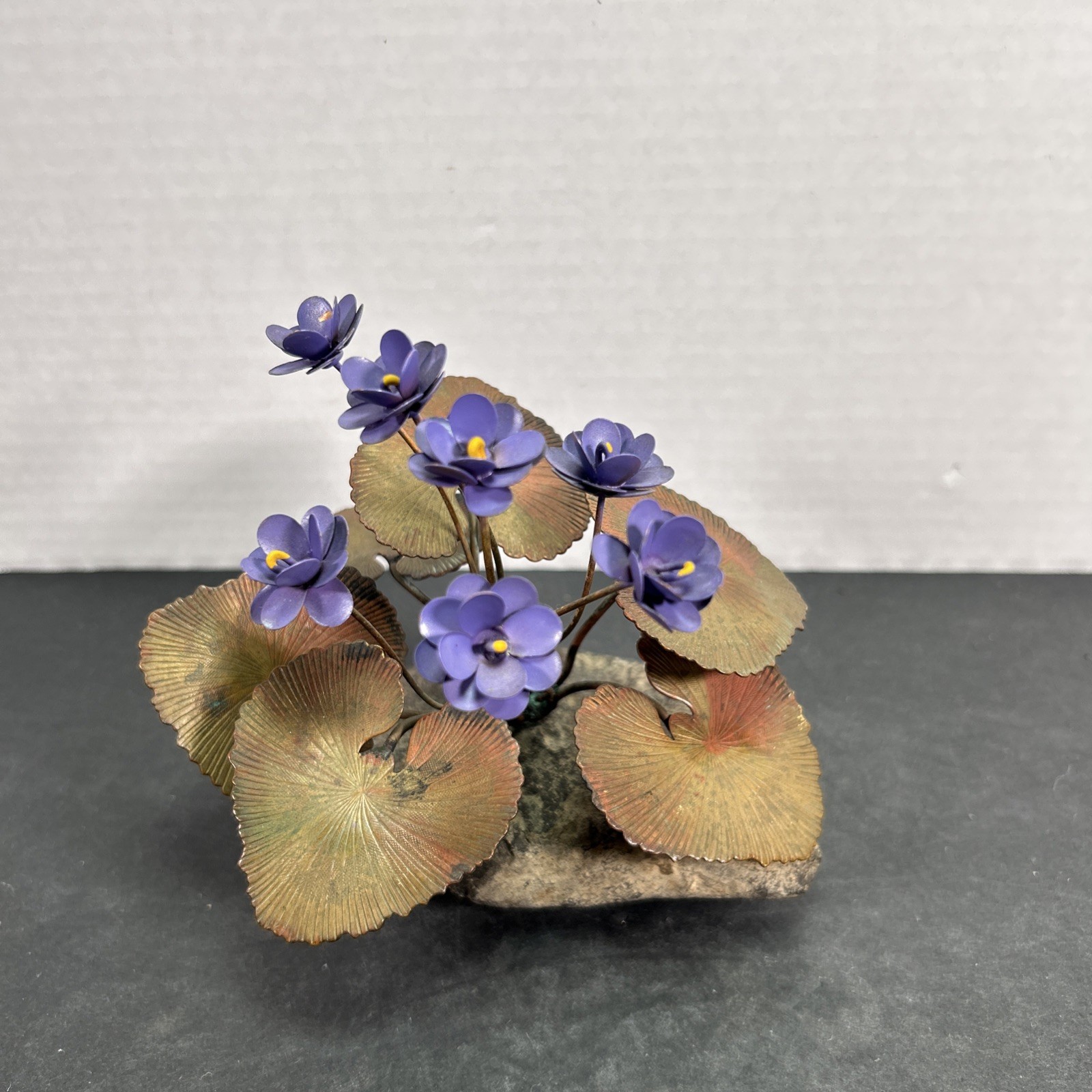VTG Demetrius Xethalis Brass Purple Violets Art Sculpture on black crystal stone