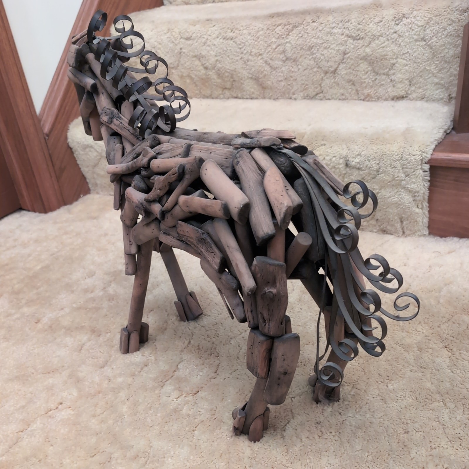 Large Free Standing Driftwood Horse Wood Modern Art Sculpture Metal Mane & Tail