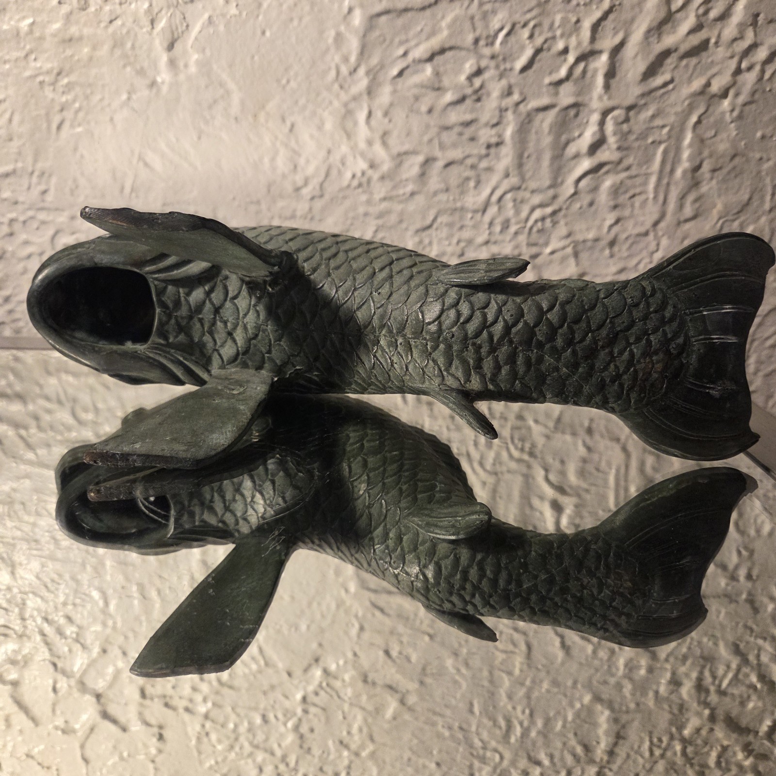 Vintage Bronze Koi Fish Fountain Sculpture with Open Mouth
