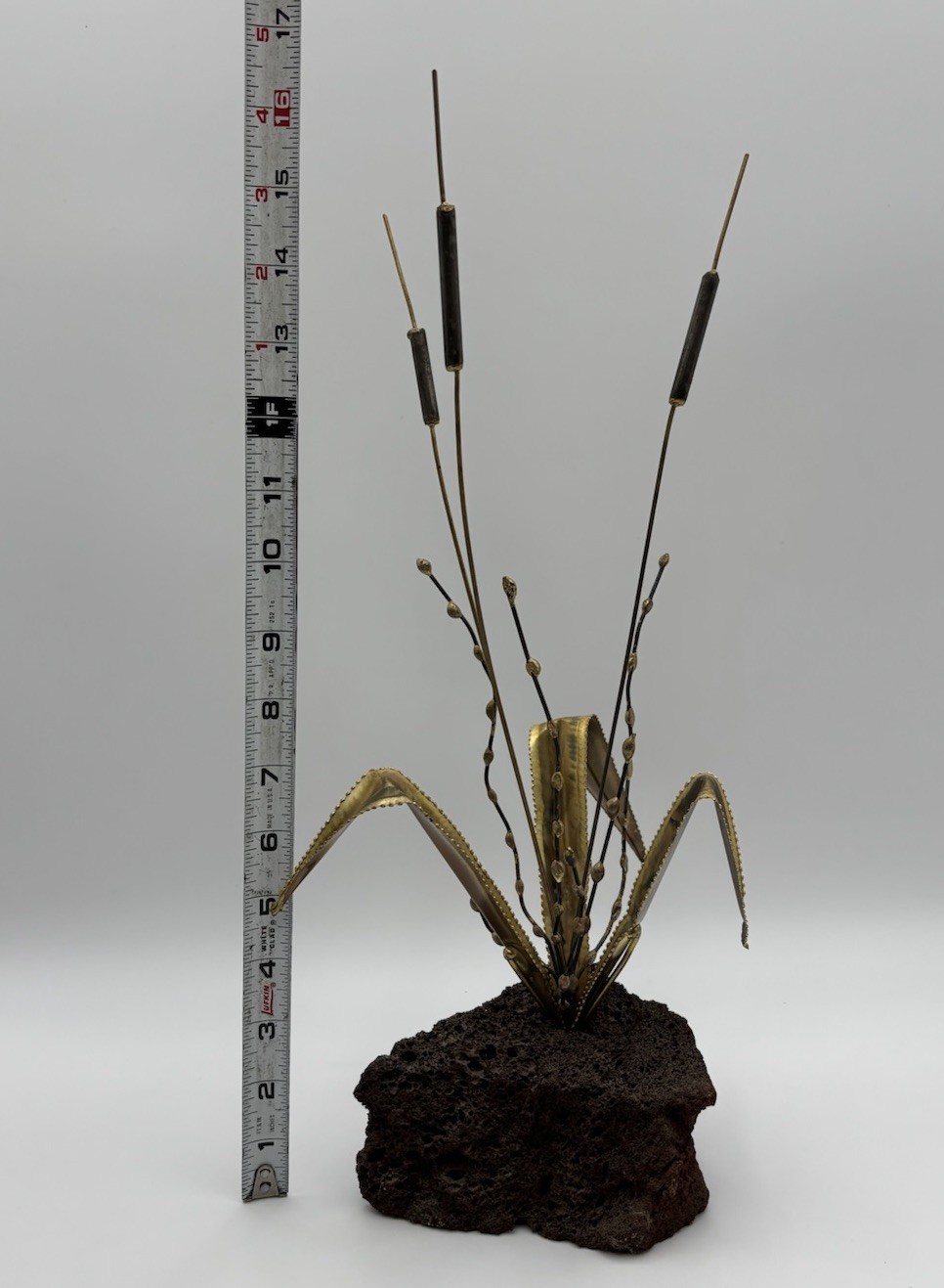 VTG MCM Brass Cattail Pussy Willow Sculpture Lava Rock Base 16&Prime; Brutalist 1960s
