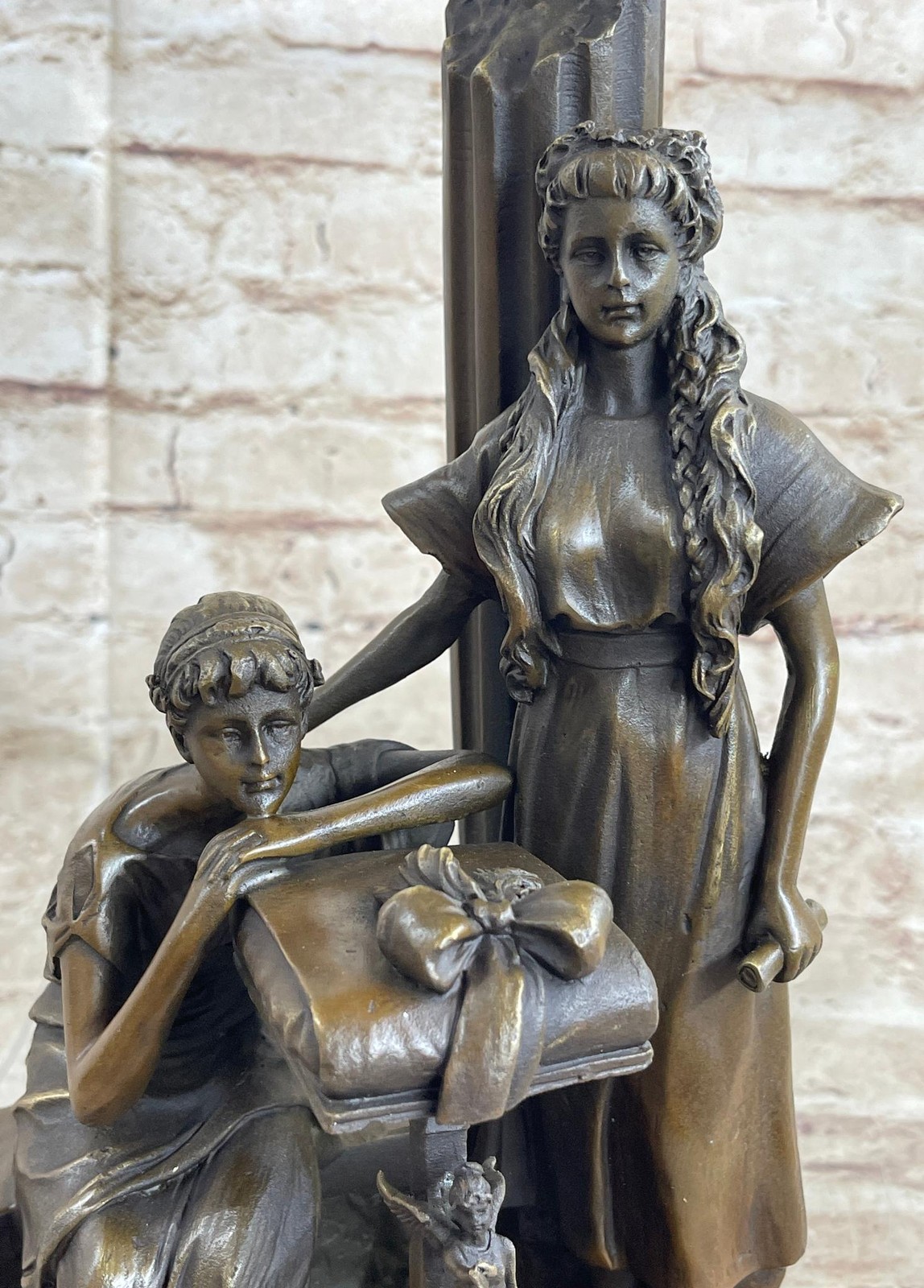 Two Young Girls w/ Book Column Bronze Statue Sculpture Moreau Decor 14&Prime; x 8&Prime;