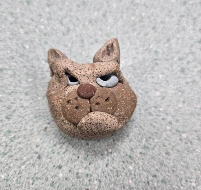 Artist cat pottery head grouchy face small paper weight sculpture stone