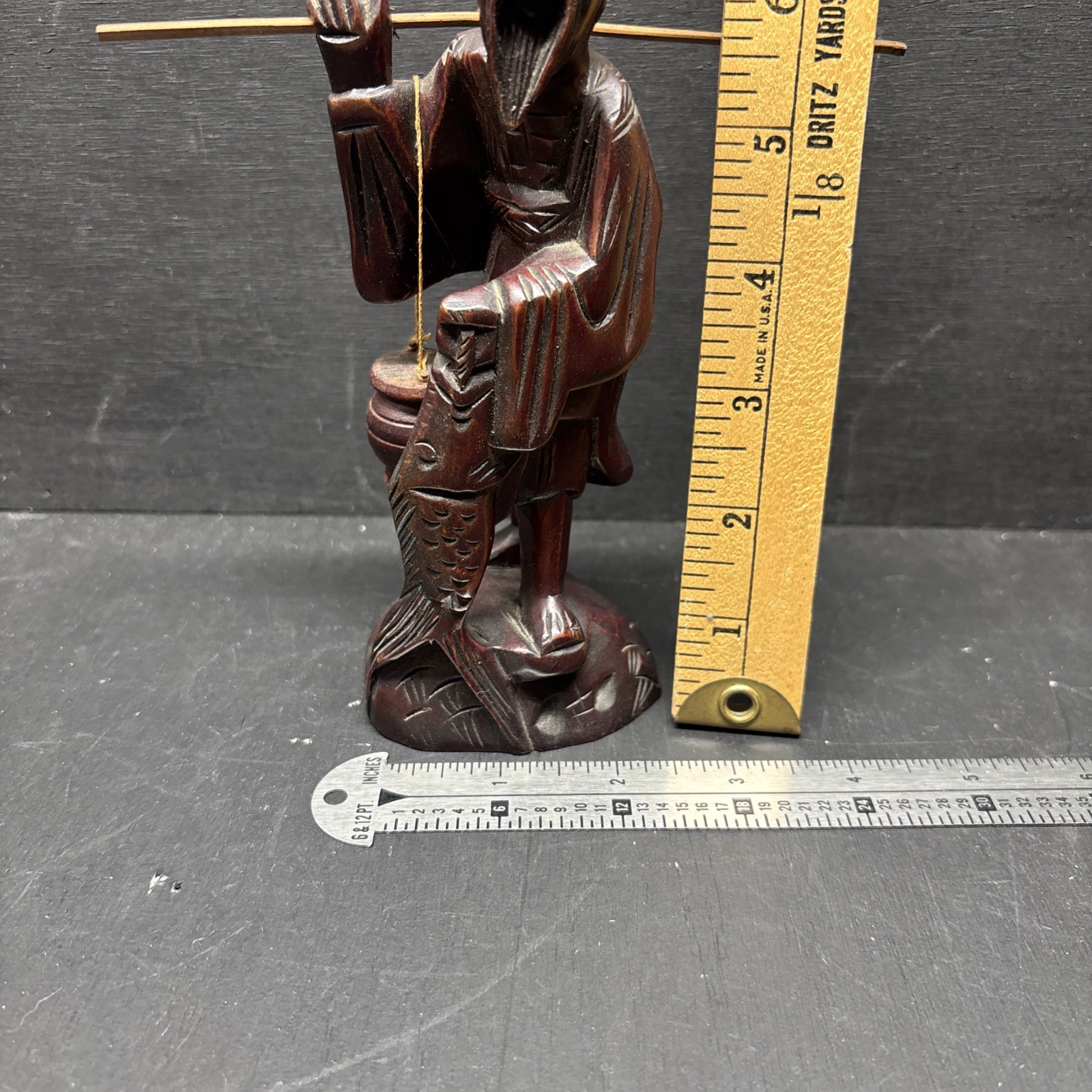 Vintage Japanese Hand Carved Solid Wood Old Fishing Man Sculpture 7.25&Prime; Tall