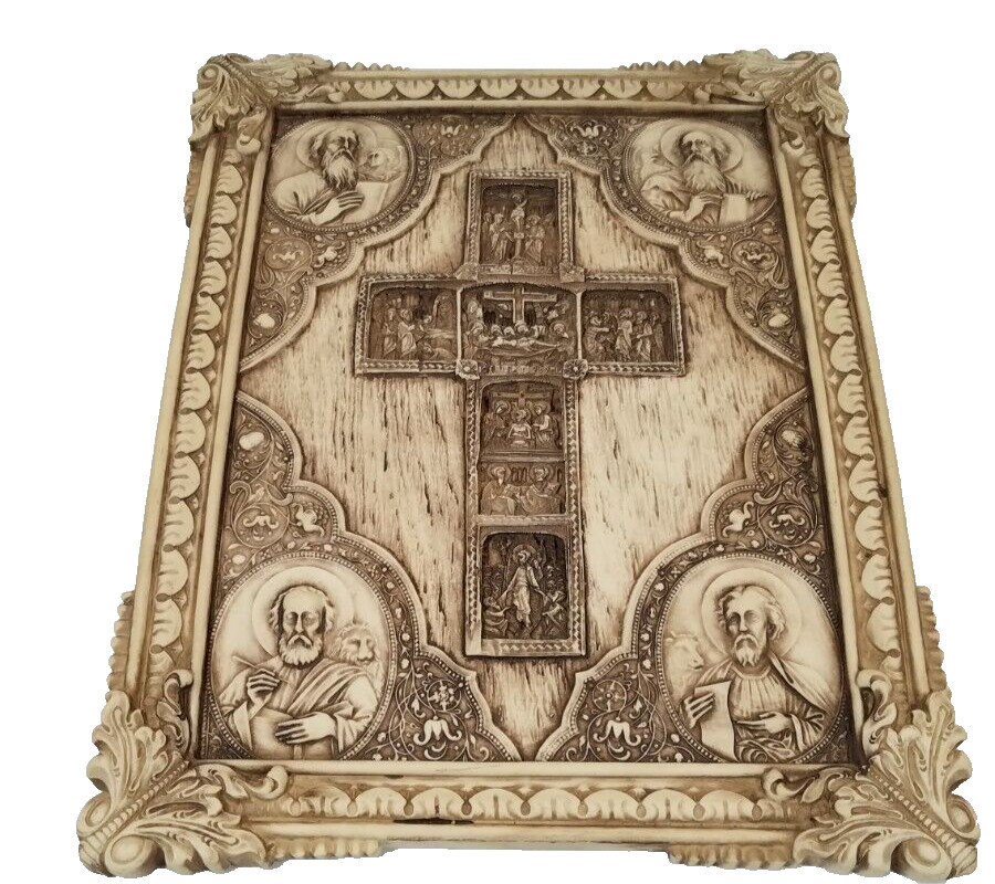 Carved Genuine Alabaster Icon Religious Picture 11&Prime;x 8.5&Prime; Rare