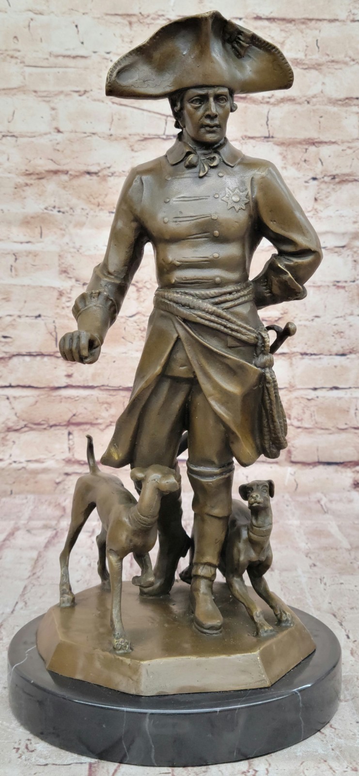 Art Deco Frederick the Great with two Borzoi Dogs Army General Commander Bronze