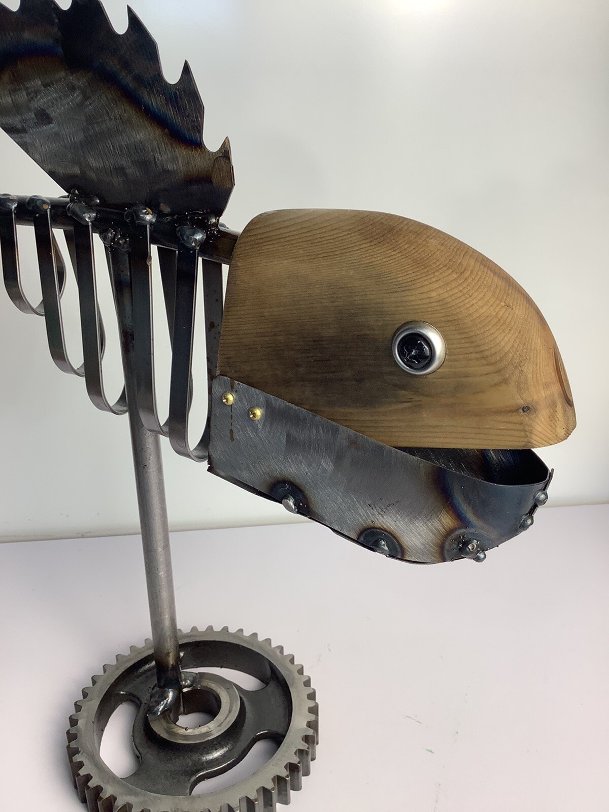 Rare One of a Kind Metal Art Fish With Wooden Head And Tail Handmade 14&Prime; x 14&Prime;