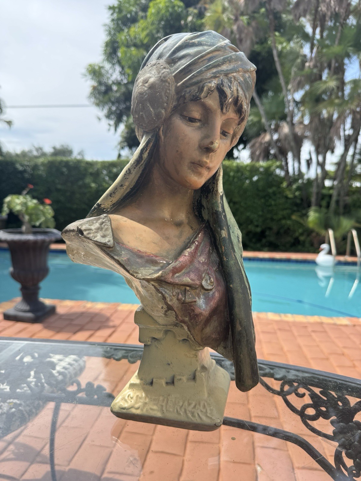 Antique French Art Deco Poly Chrome Plaster Chalk-Ware Bust of SCHEHERAZADE