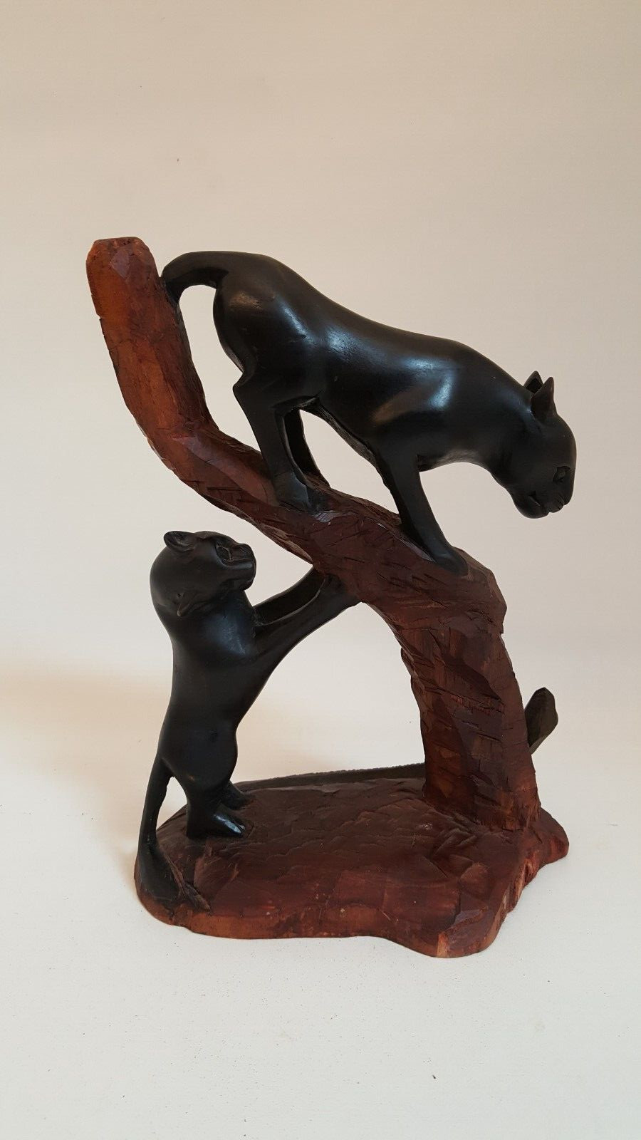 Vintage handcarved wood one piece black panther and snake sculpture signed