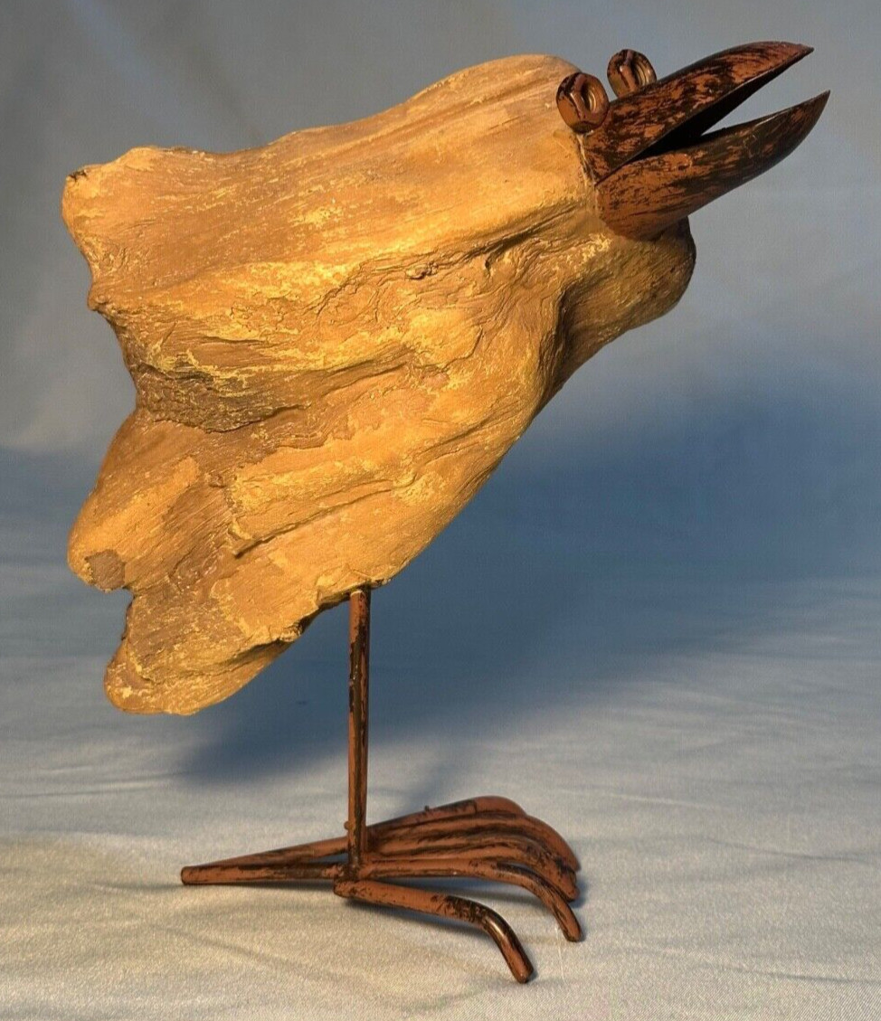 BIRD FIGURE SCULPTURE OF PLASTIC/RESIN WELDED METAL LEGS AND FACE 7 1/2 INCHES