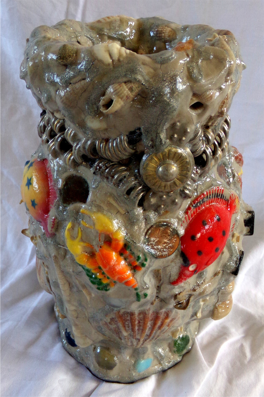 COLLAGE POTTERY SCULPTURE Memory Jug Mosaic Vase Bottle Jar Urn Original Art 1/1