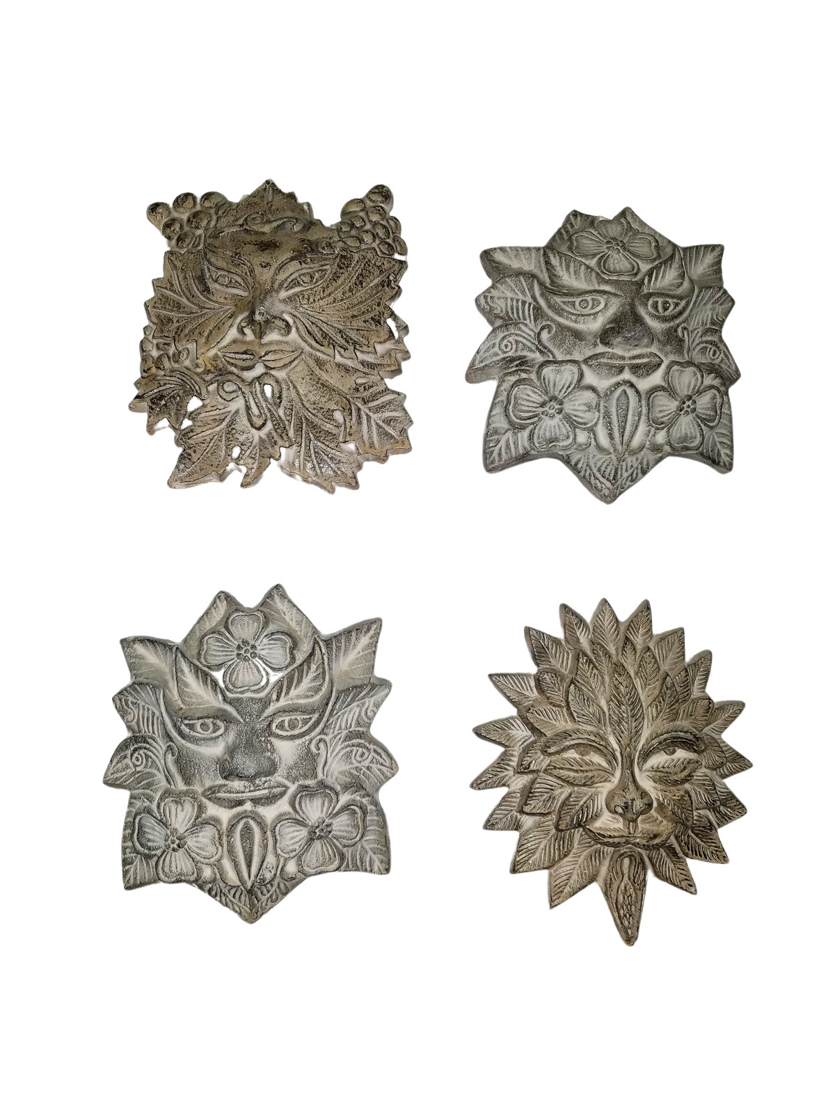 Set of 4 Handcrafted Metal Leaf Man Tree Man Greenman Hanging Wall Sculptures