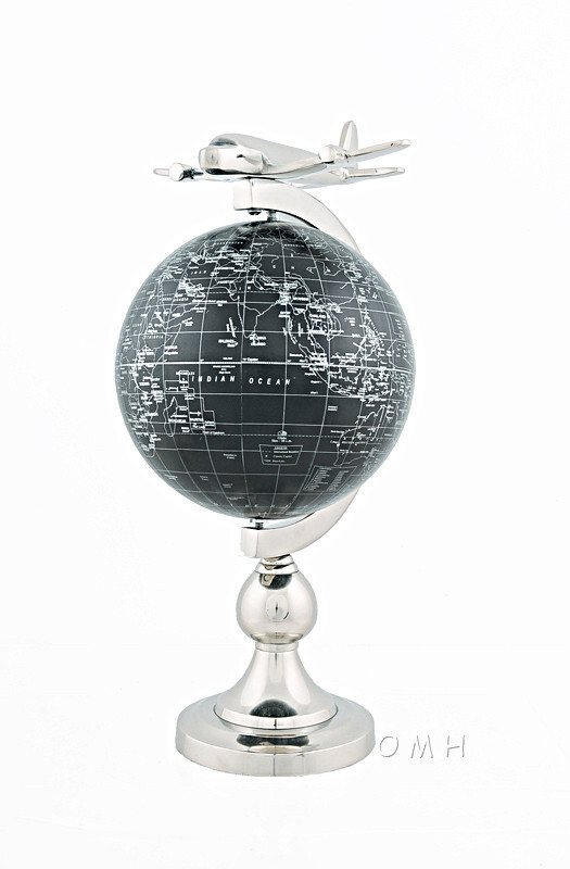 1930s Era Airplane Desktop World Globe 18&Prime; Polished Nickel Travel Agent Decor