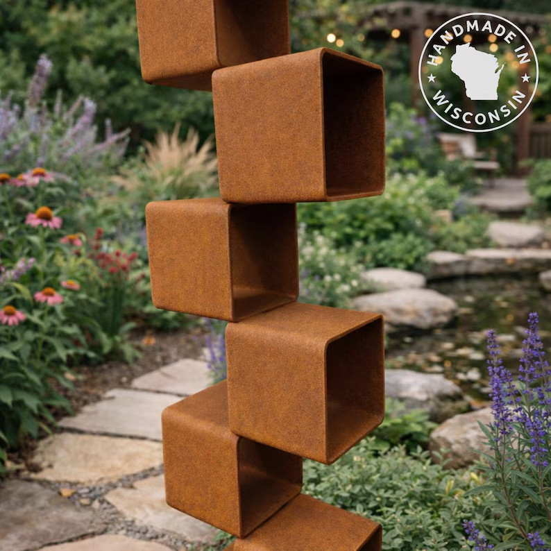 Tall Geometric Garden Sculpture – 45” Rusted Steel Cube Column, Modern Yard Art