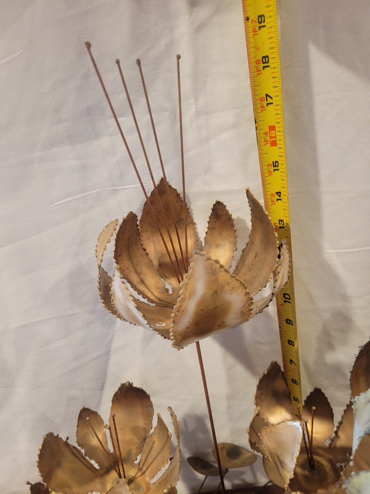 Vintage Curtis JERE Table SCULPTURE Lotus Blossoms Flowers Brass Wood 30x9x19&Prime;