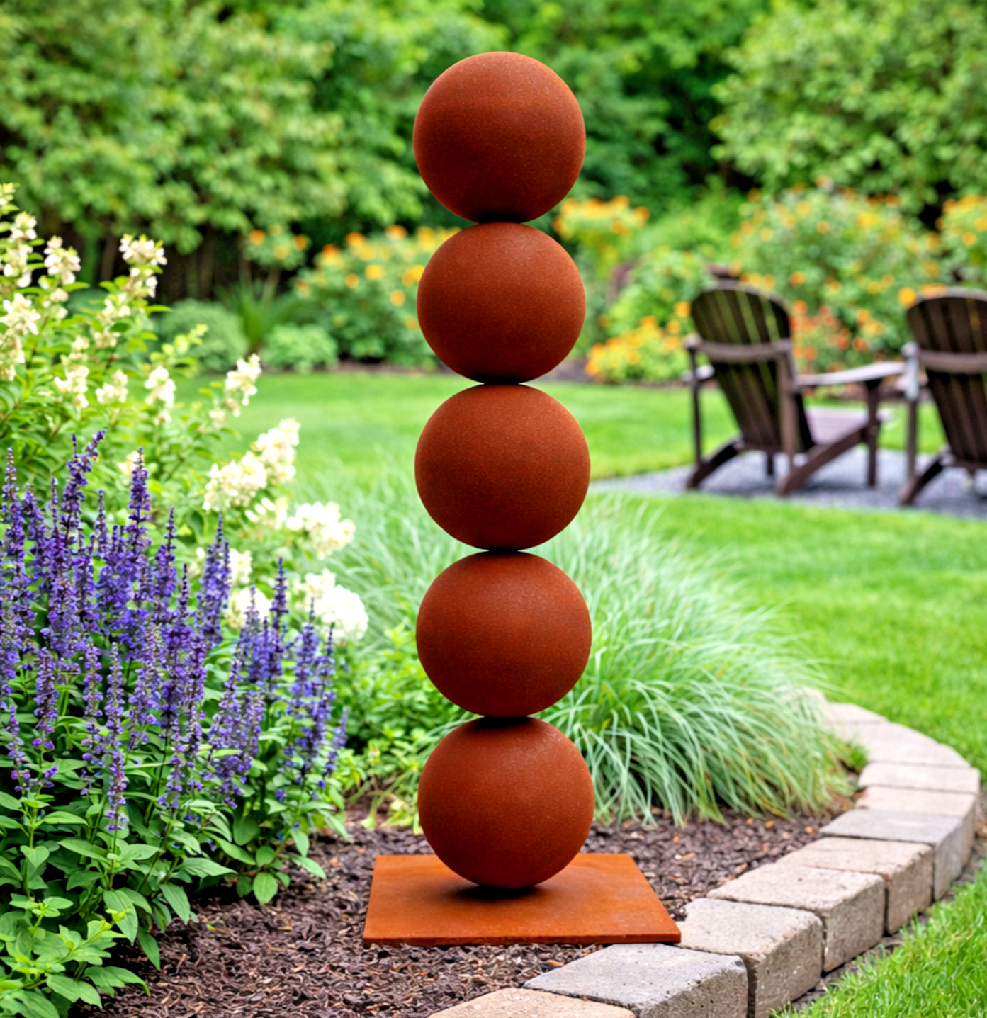30” Modern Rusted Steel Garden Sculpture – Five Stacked Spheres Yard Art