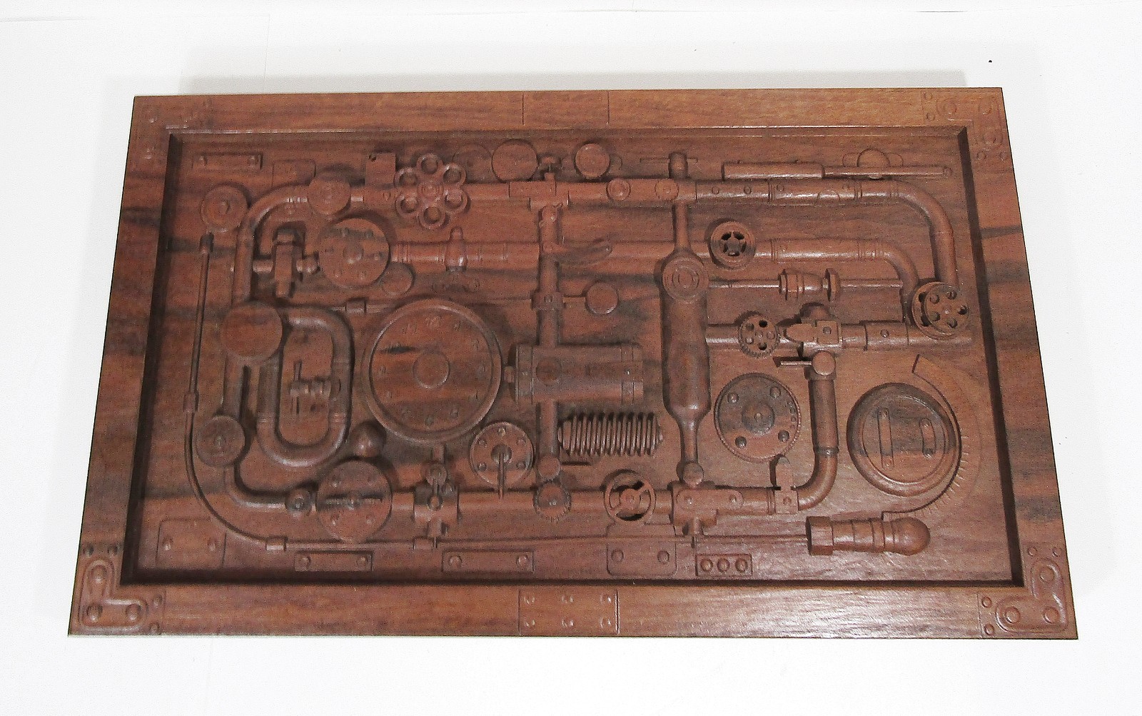 Industrial Steampunk Carved Wood Pipes & Gears Relief Wall Art Panel 20×12