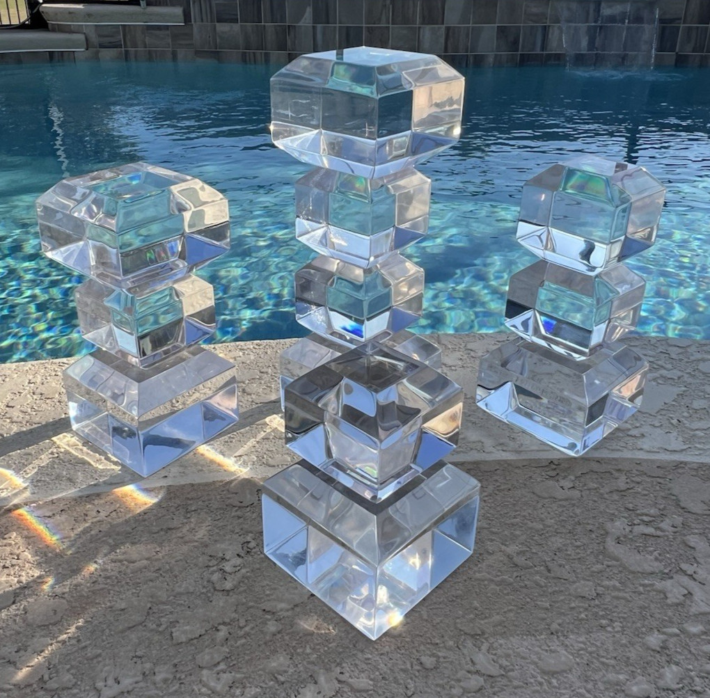 4 Lucite Acrylic Modernist Abstract Stacked Cube Art Sculptures VTG 70s 6&Prime;-12&Prime; T