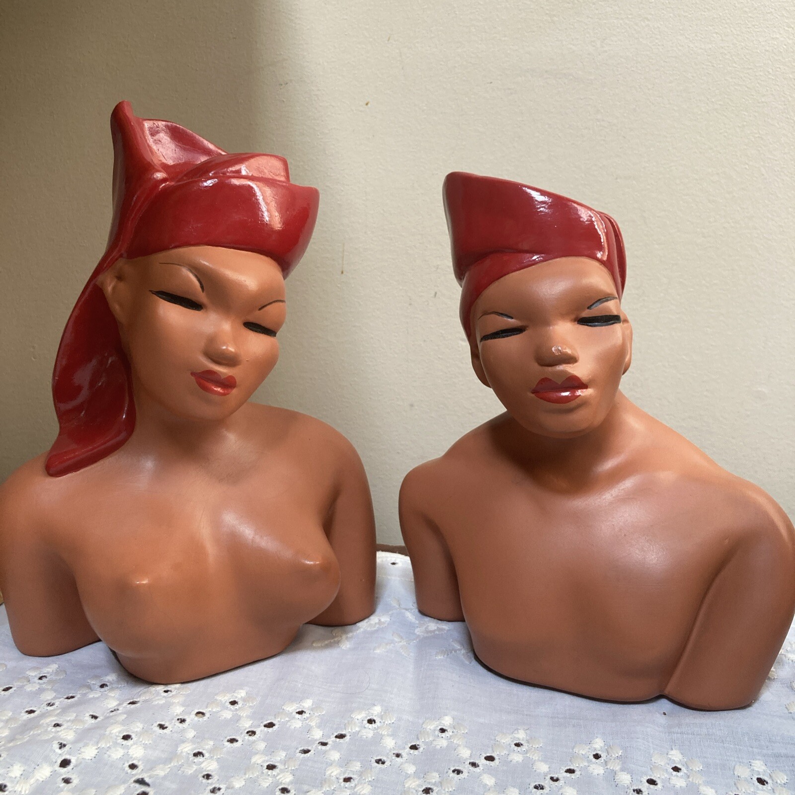 Vintage chalk ware(?) Woman Man sculpture bust nude retro Exotic MCM Ethnic