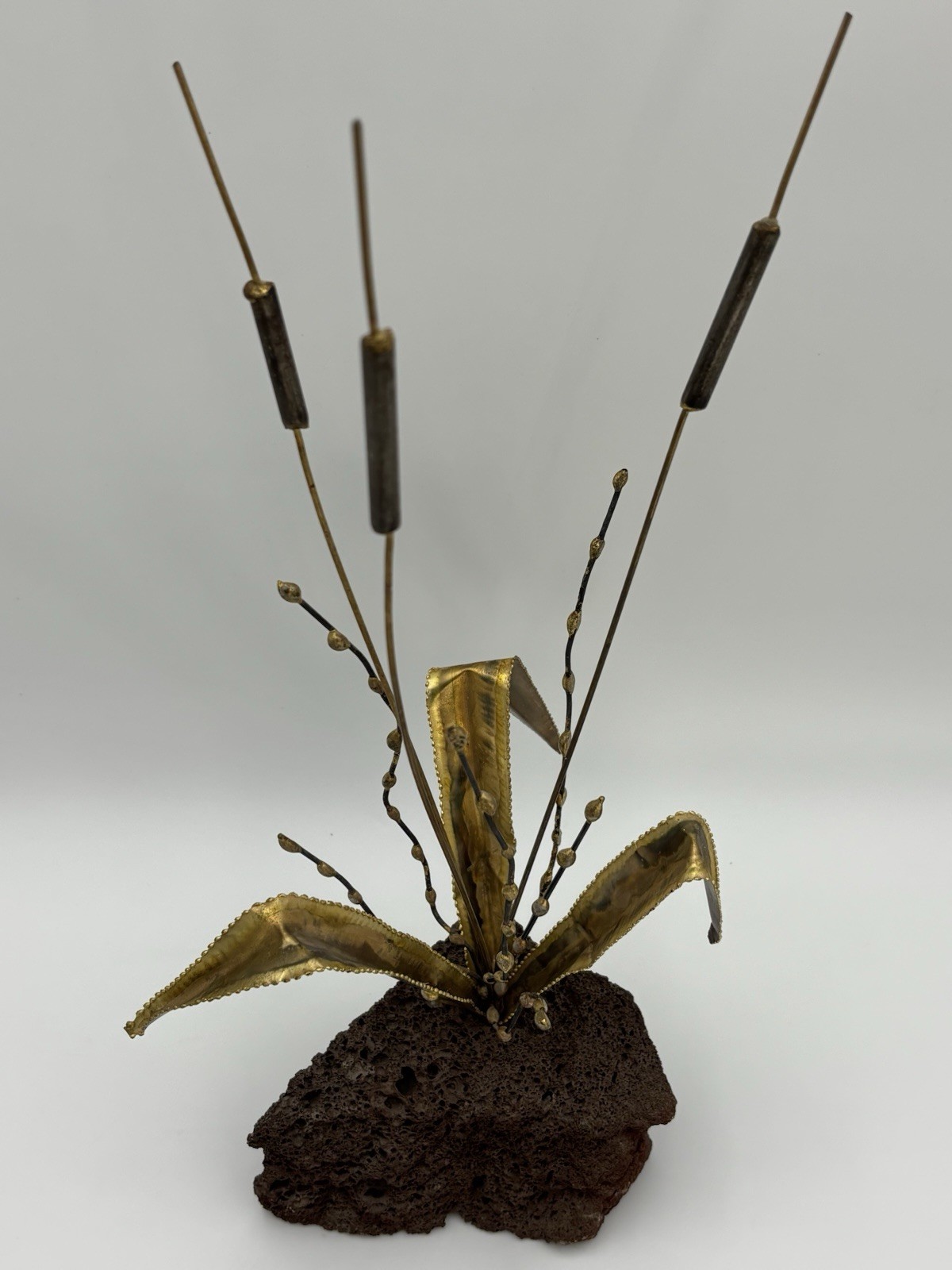 VTG MCM Brass Cattail Pussy Willow Sculpture Lava Rock Base 16&Prime; Brutalist 1960s
