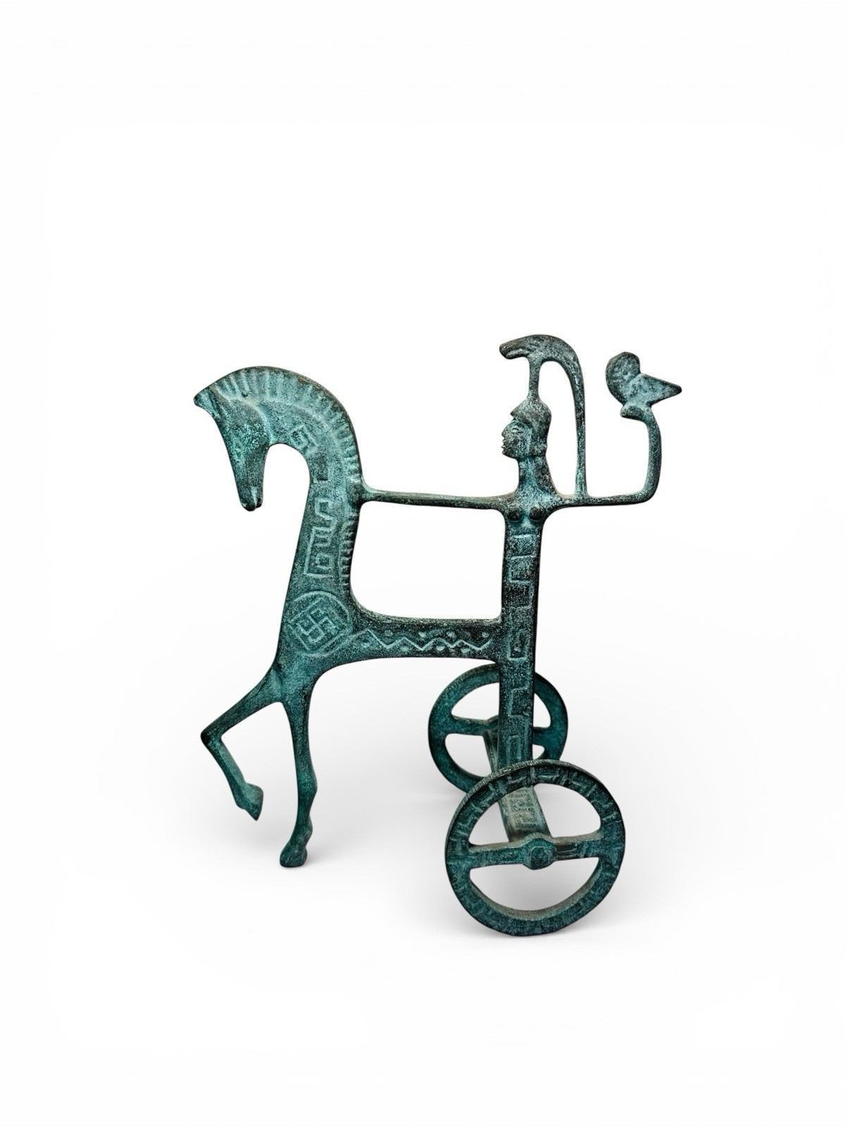 Etruscan Horse & Chariot Athena Sculpture Holding an Owl Bronze Greek Statue
